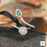 Spiral Twist Green Emerald Teardrop and Diamond Sun Design 18k Gold Ring