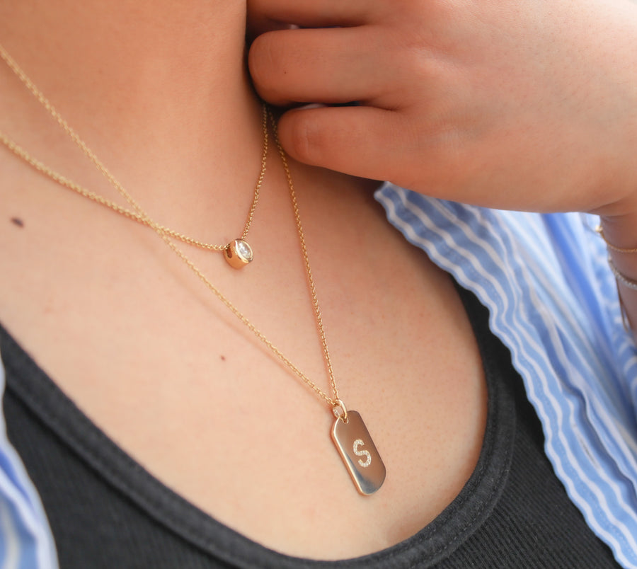 14K Solid Yellow Gold Pavé Natural Diamond Initial Letter Dog Tag Necklace
