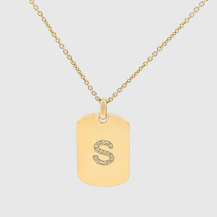 14K Solid Yellow Gold Pavé Natural Diamond Initial Letter Dog Tag Necklace