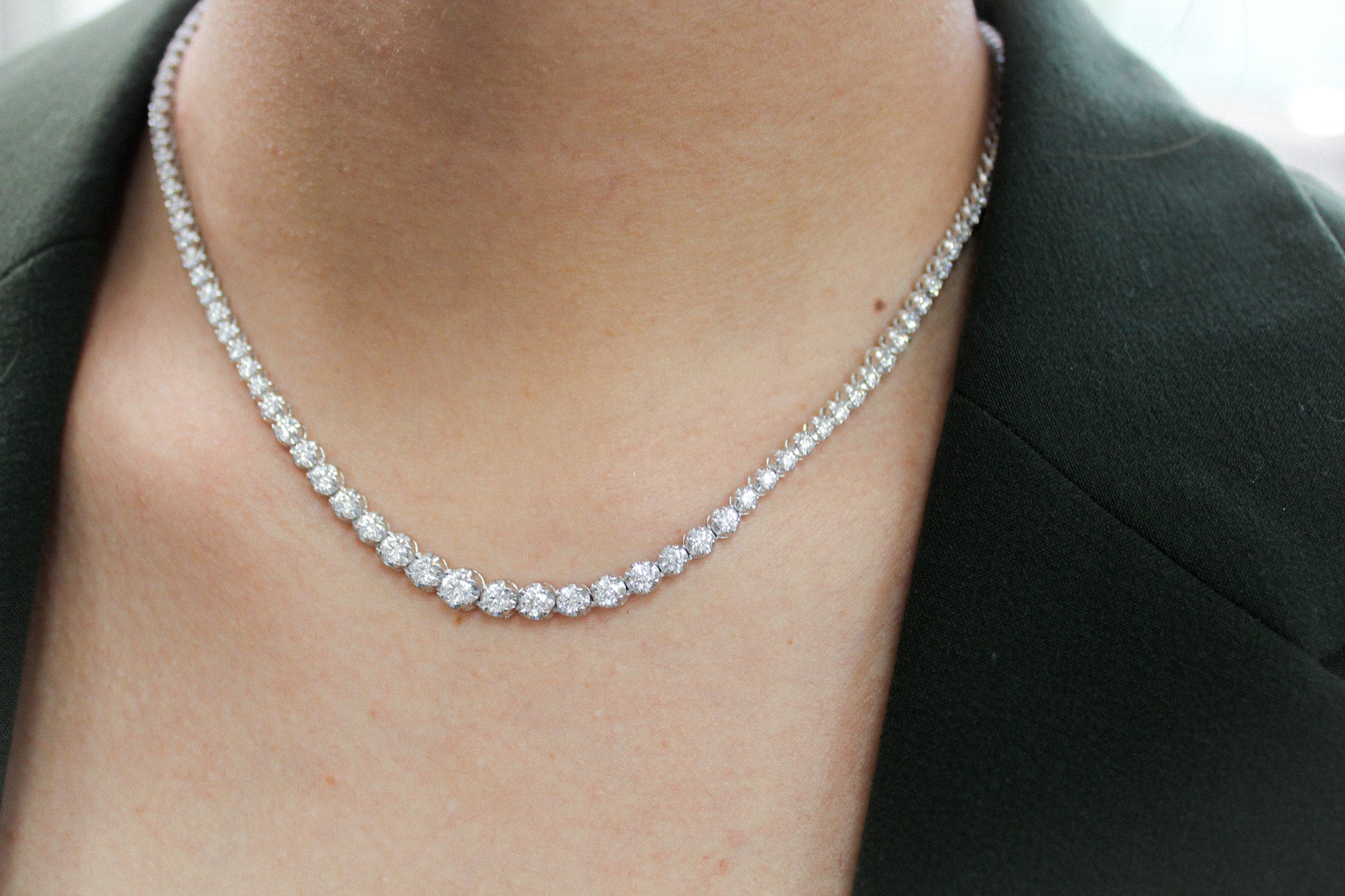 Natural Round Cut Diamond  14k Gold Graduated Riviera Fashion Necklace - Sabrina A Jewelry