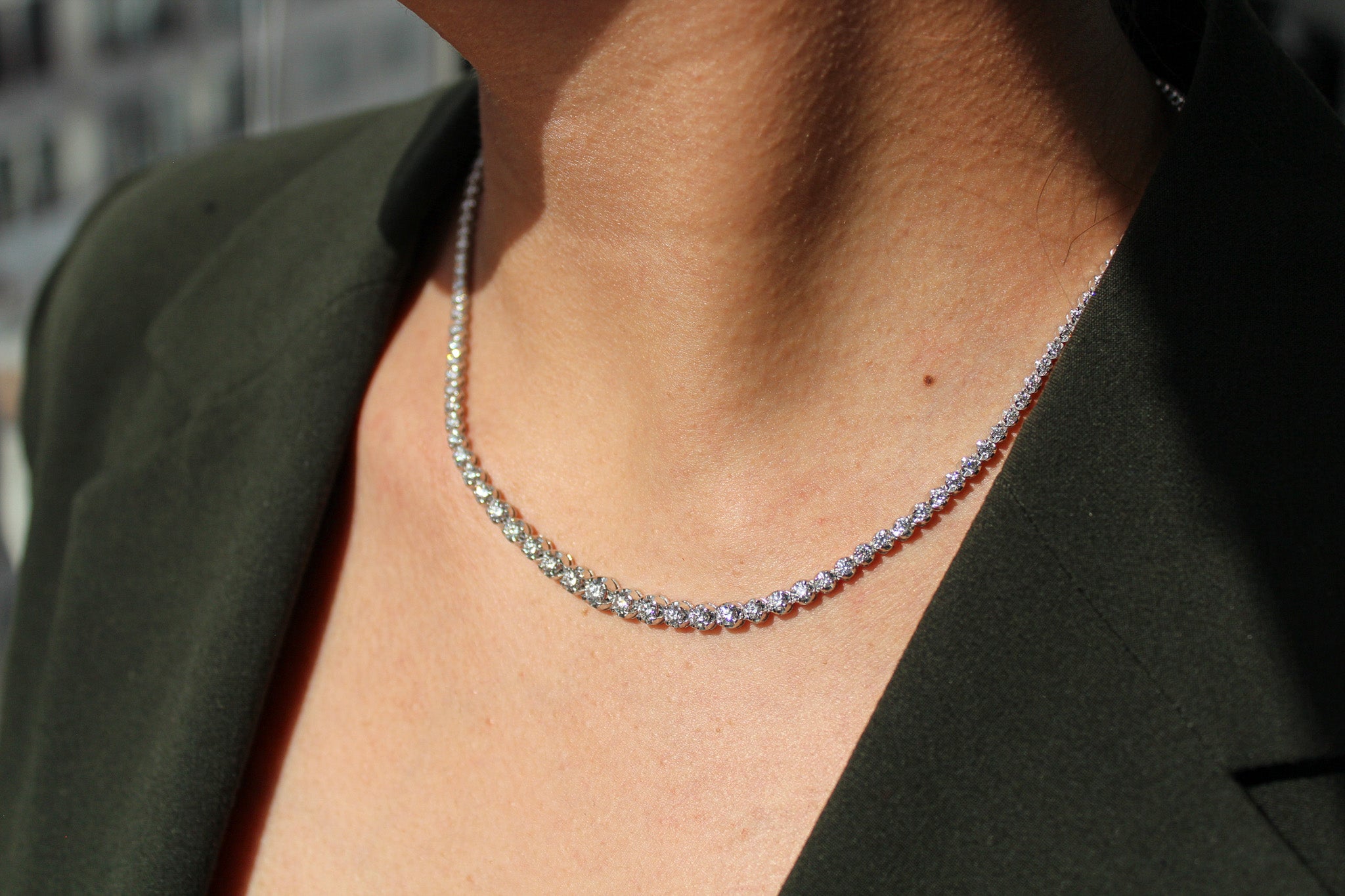 Natural Round Cut Diamond  14k Gold Graduated Riviera Fashion Necklace - Sabrina A Jewelry