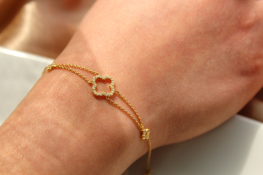 Perfect 4-Leaf Clover Round Diamond 18k Gold Bracelet