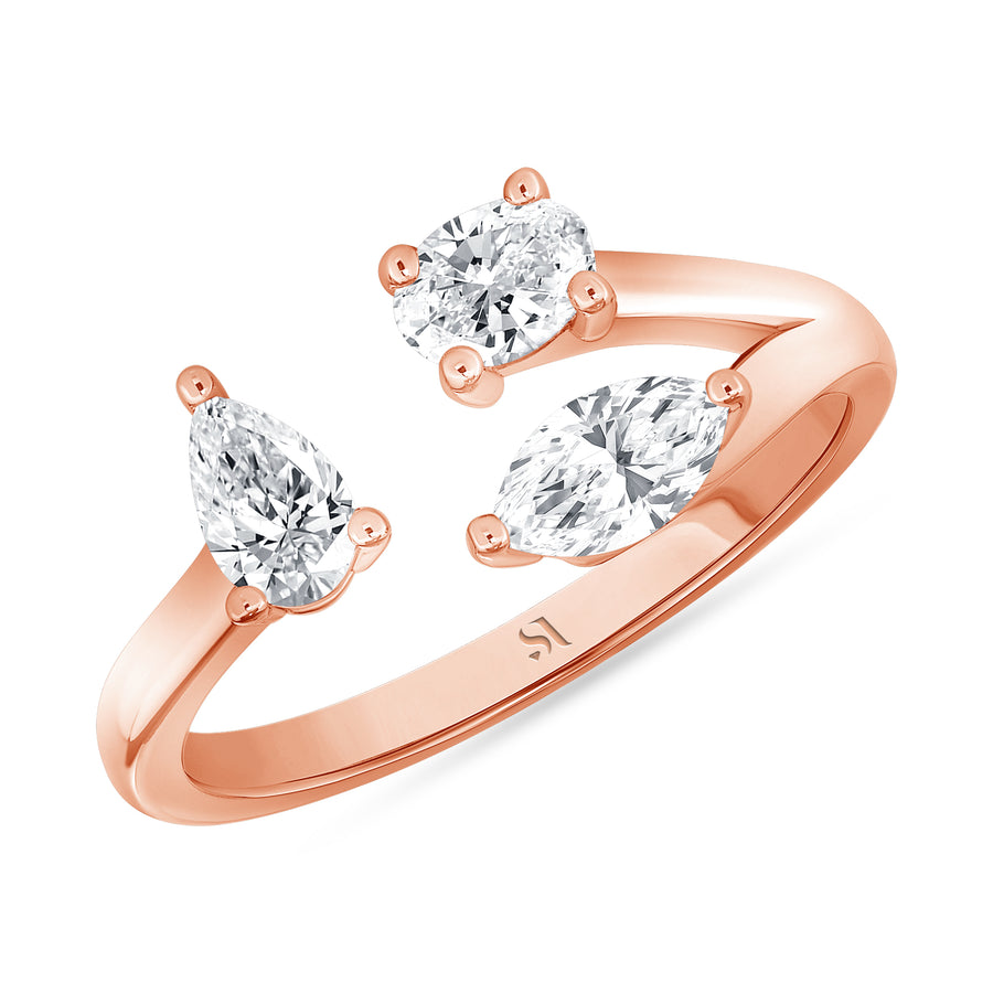 Three Stone Fancy Shape Rose Gold Diamond Wedding Ring