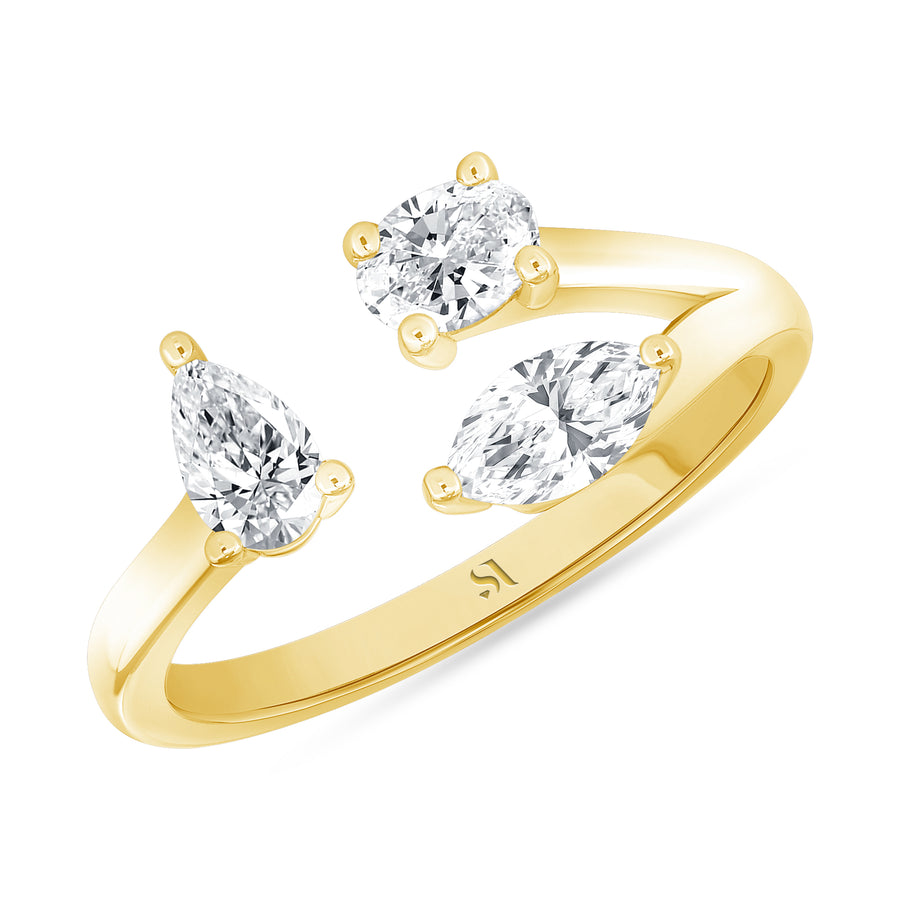Three Stone Fancy Shape Yellow Gold Diamond Wedding Ring