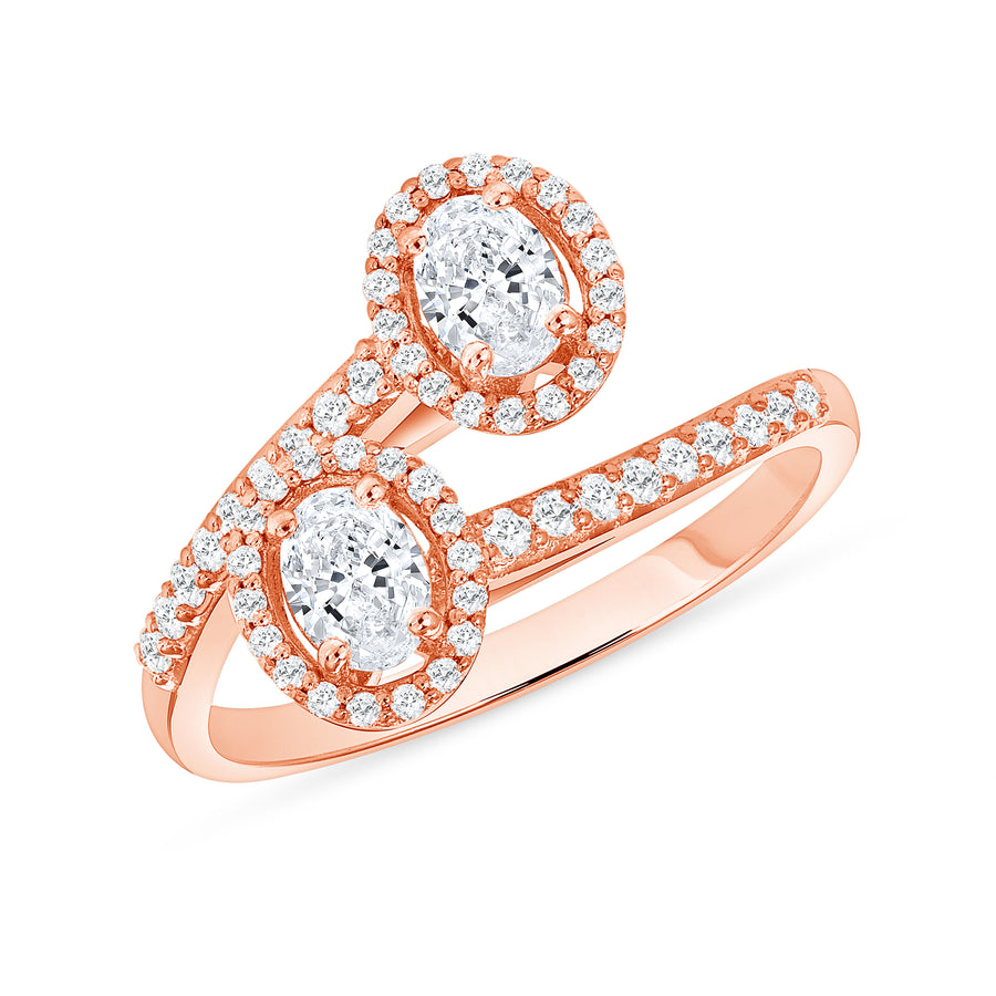 Double Diamond Oval 18k Rose Gold Bypass Engagement Ring