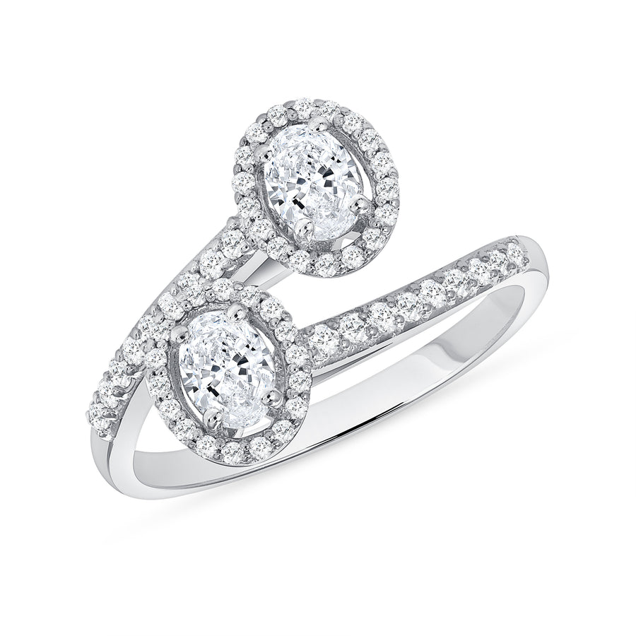Double Diamond Oval 18k White Gold Bypass Engagement Ring