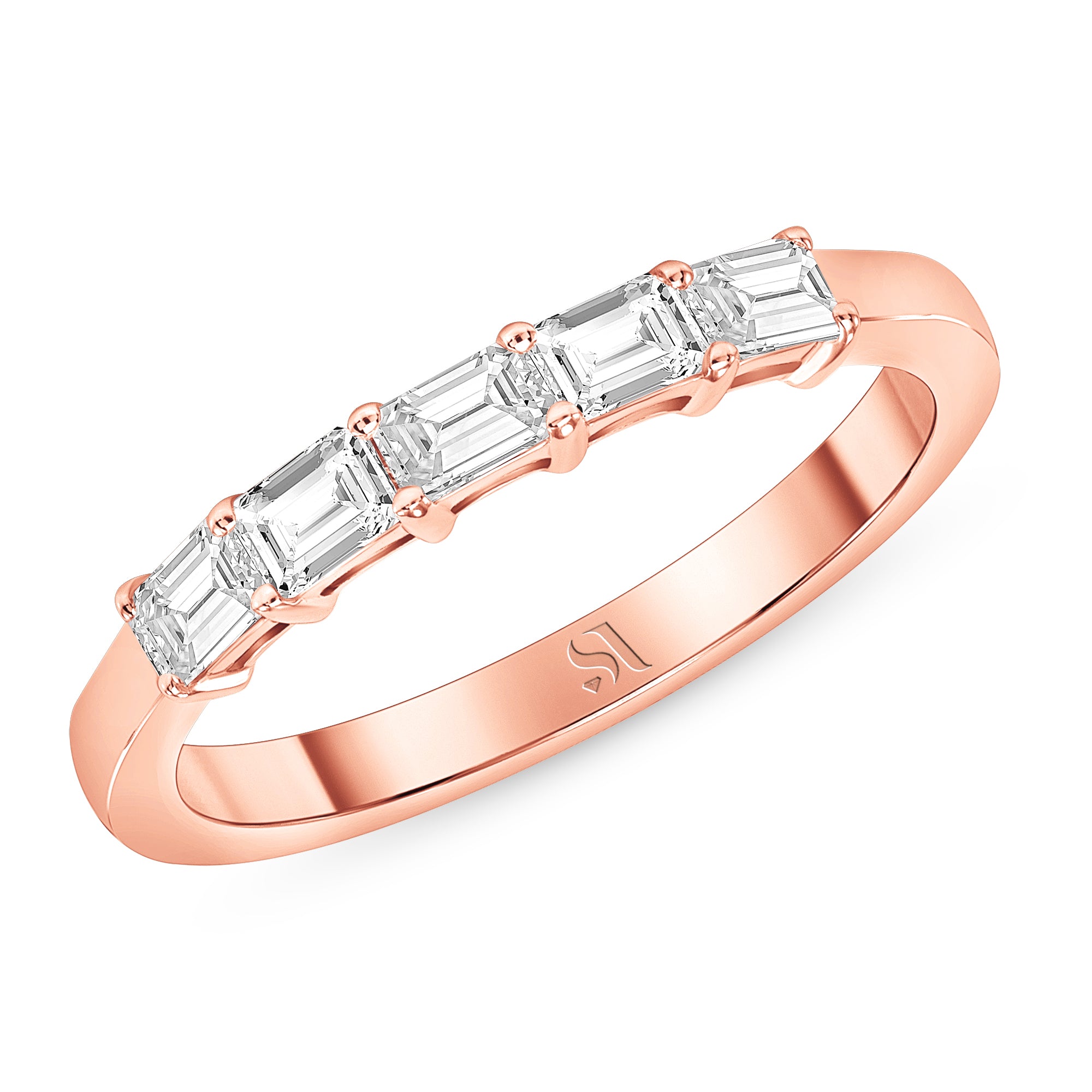 Dainty East West Emerald Rose Gold Diamond Ring