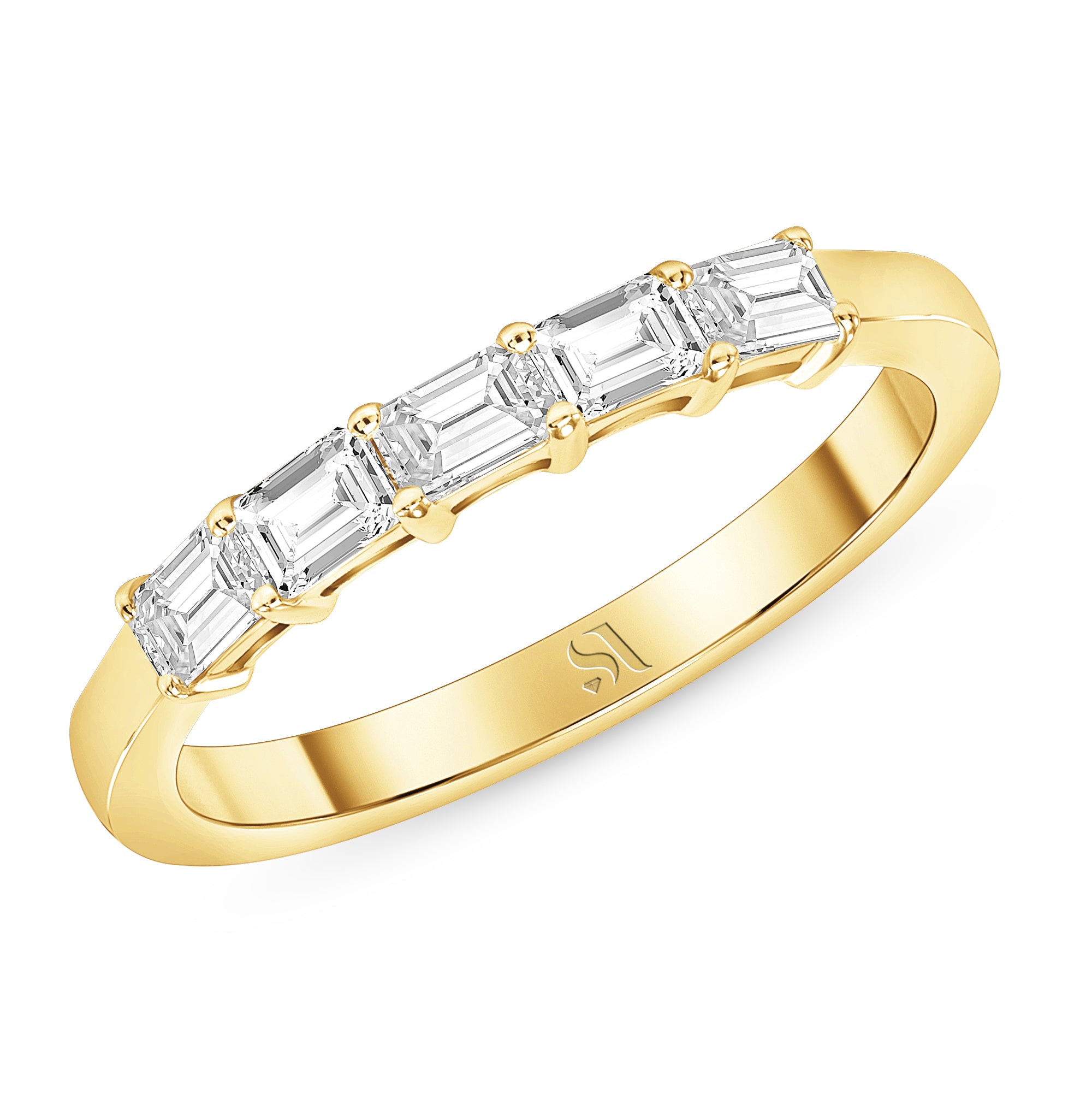 Dainty East West Emerald Yellow Gold Diamond Ring