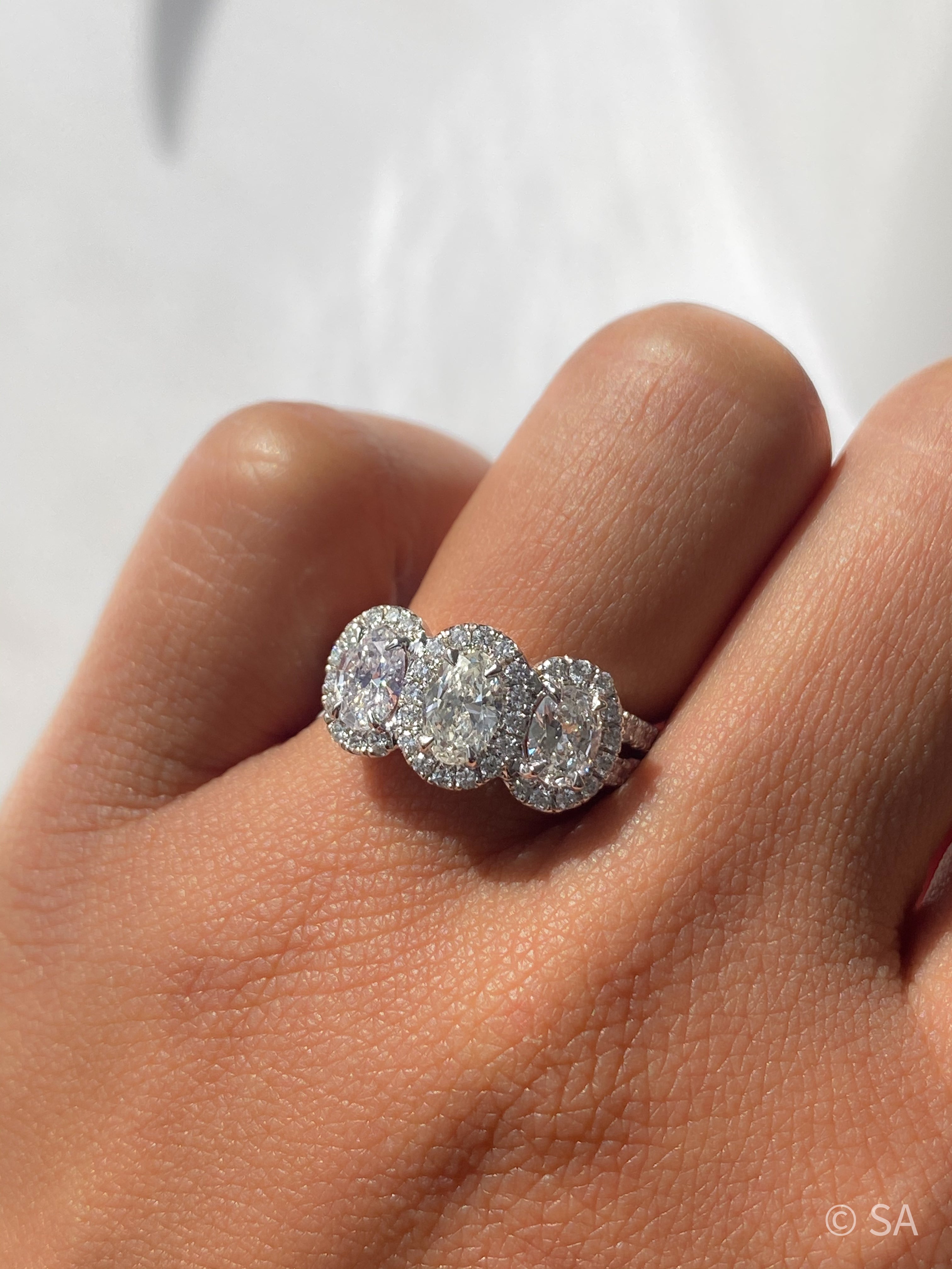 Three Stone Halo Diamond Ring – Sabrina A Jewelry