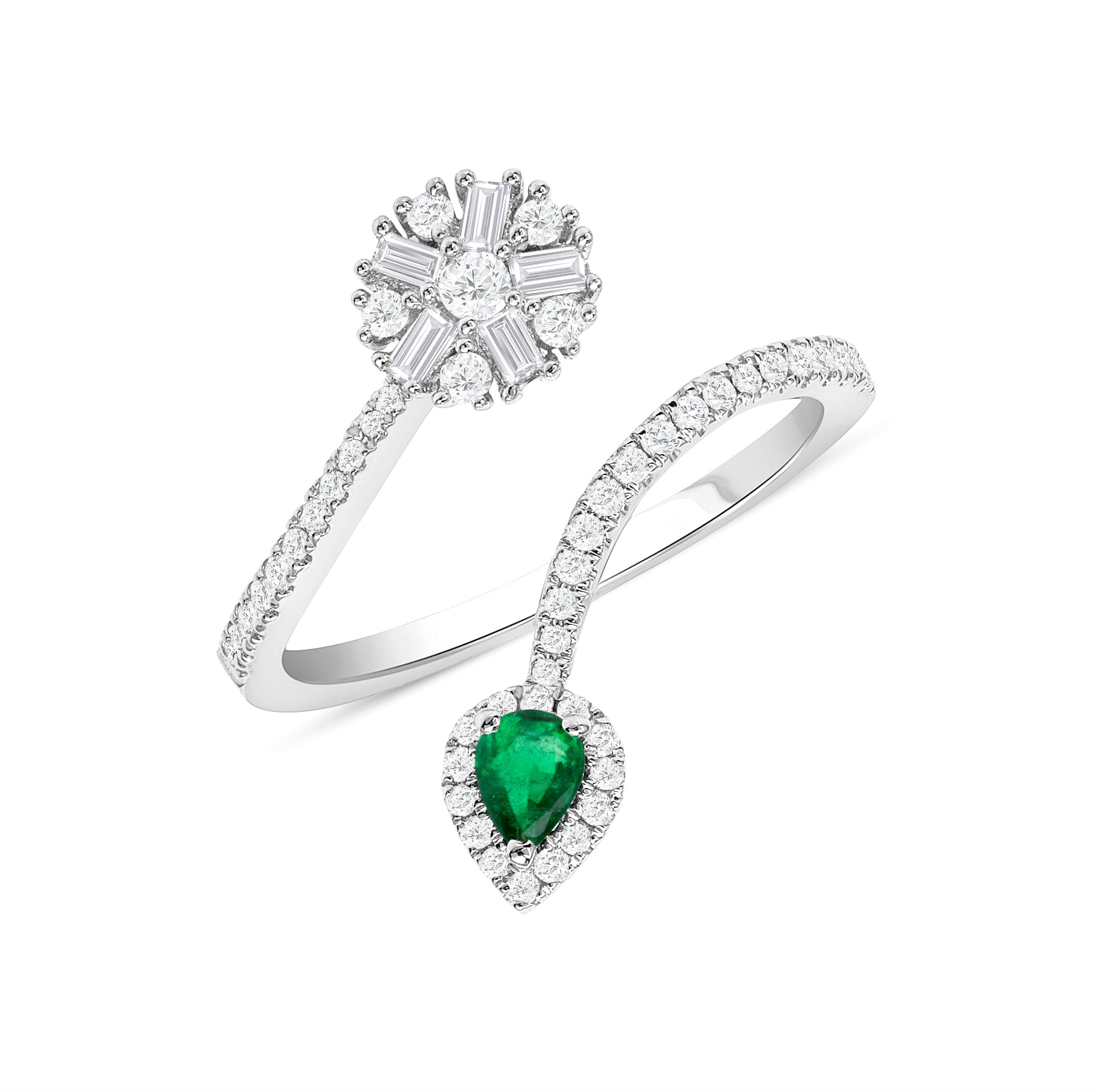 Spiral Twist Green Emerald Teardrop Sun Design 18k White Gold Diamond Ring