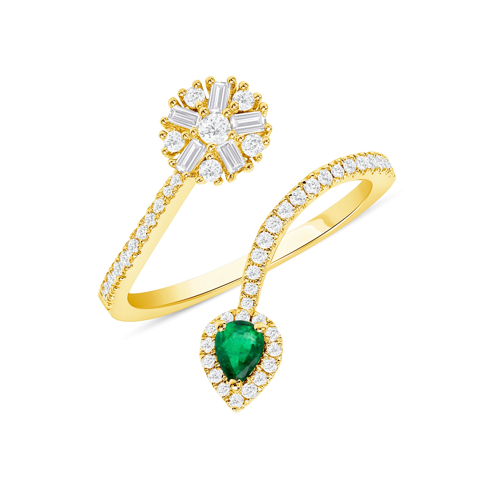 Spiral Twist Green Emerald Teardrop Sun Design 18k Yellow Gold Diamond Ring