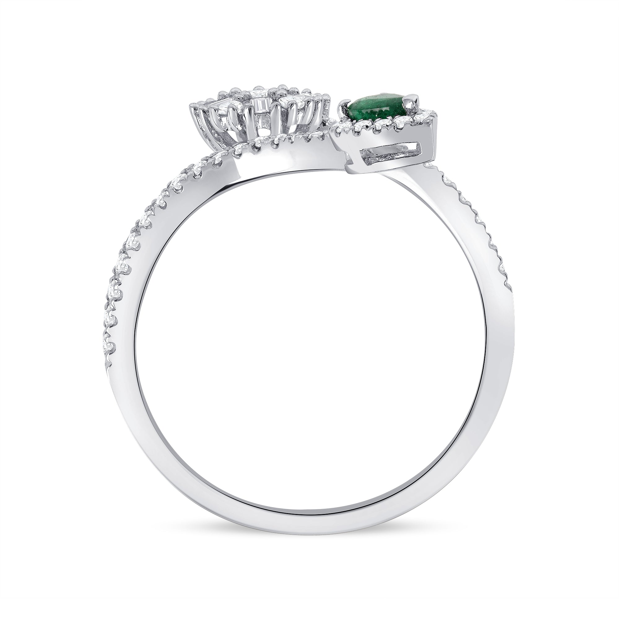 Spiral Twist Green Emerald Teardrop Sun Design 18k Diamond White Gold Ring