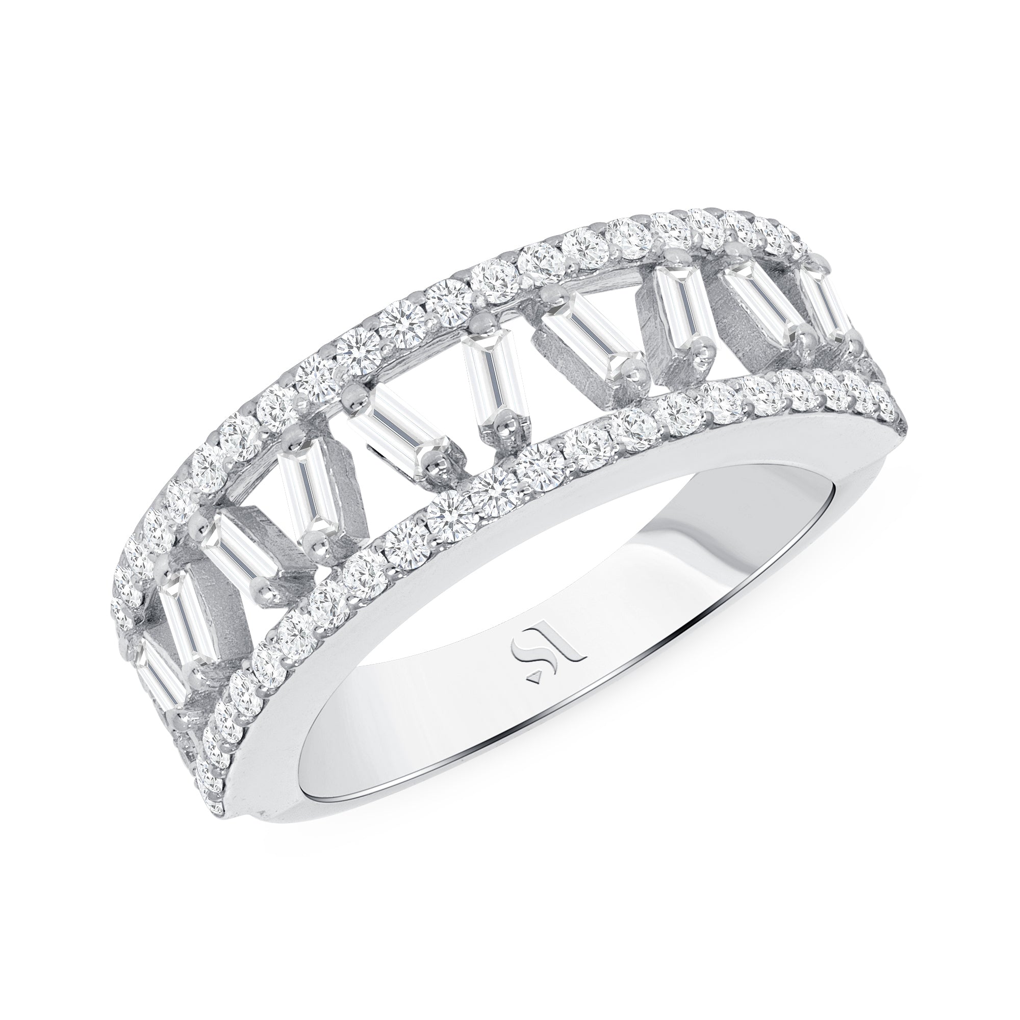 18k White Gold Baguette Surrounded by Round Diamond Eternity Band