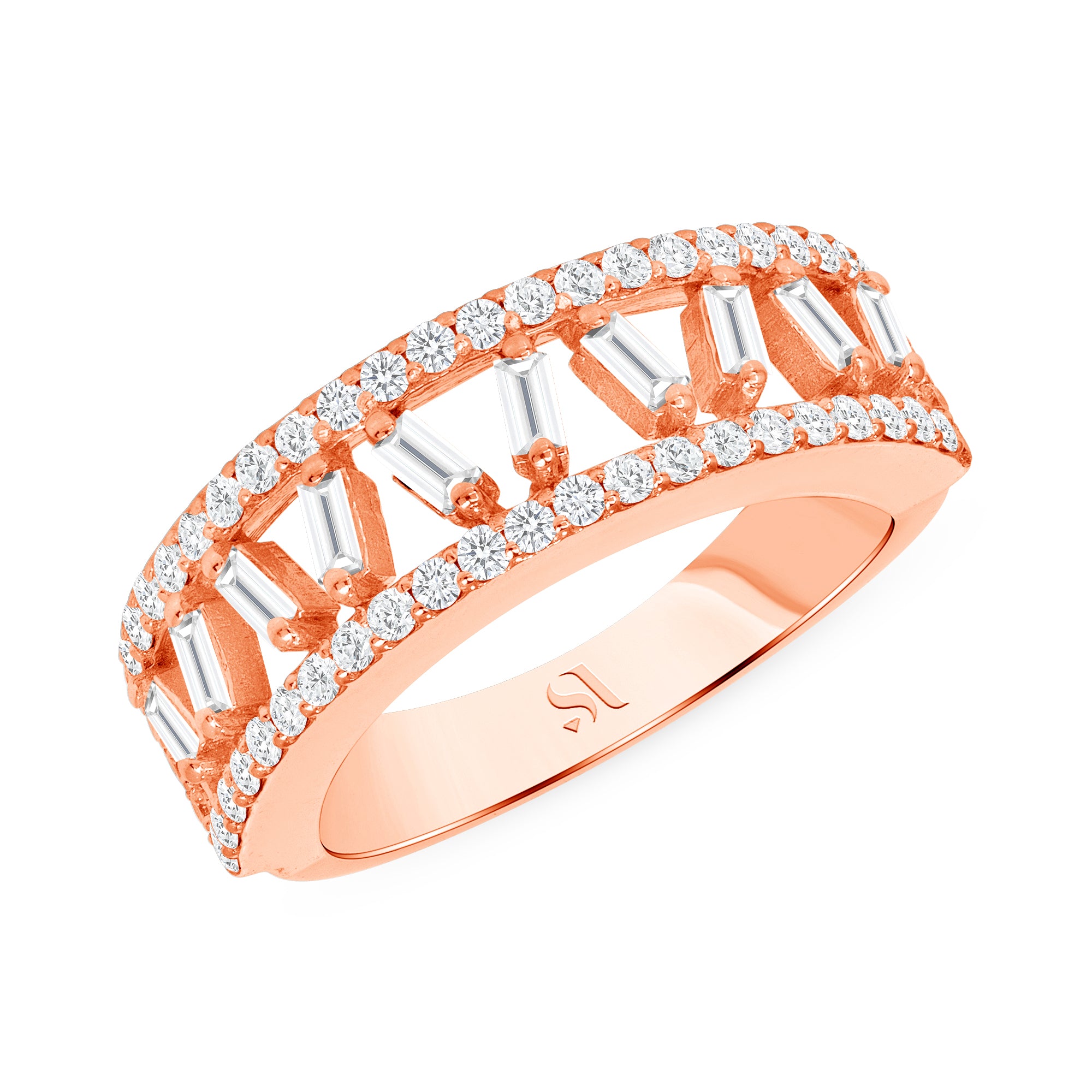 18k Rose Gold Baguette Surrounded by Round Diamond Eternity Band