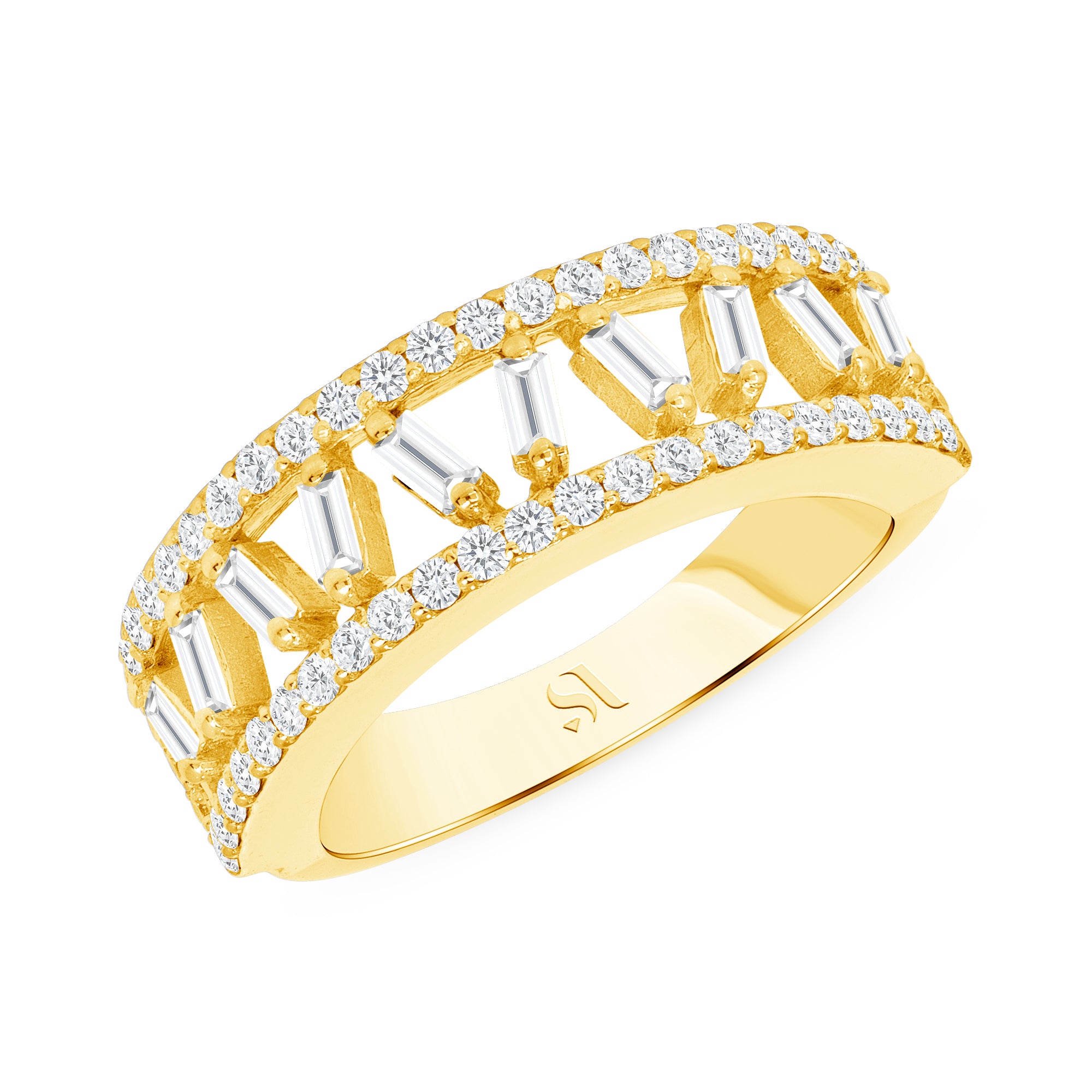 18k Yellow Gold Baguette Surrounded by Round Diamond Eternity Band
