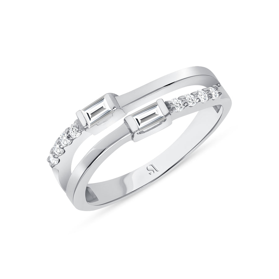 Round and  Baguette Diamonds Double Row Band 18k Gold, Diamond Wedding Ring, Statement Ring, Promise Ring