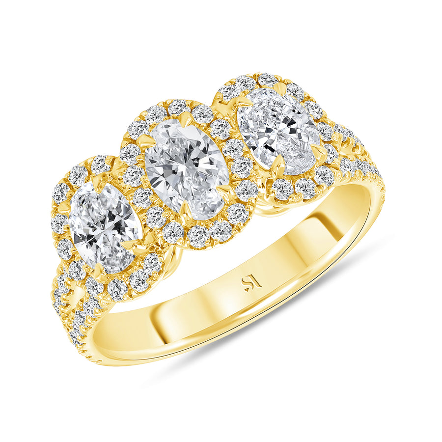 Three Stone Halo Yellow Gold Diamond Ring